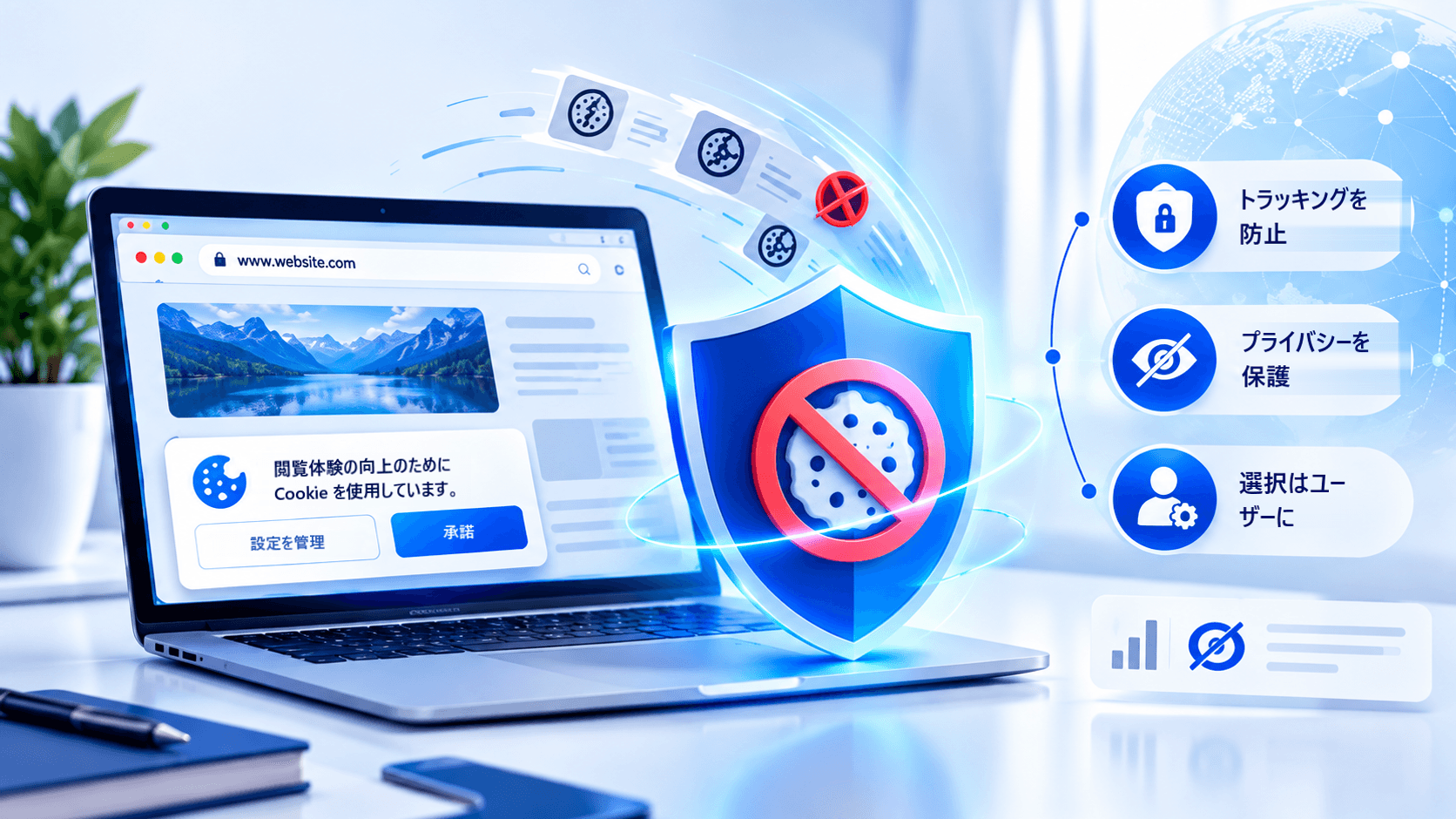 ユーザーが同意する前に、Cookie ブロックによって非必須 Cookie の実行が防がれる仕組みを説明する図。