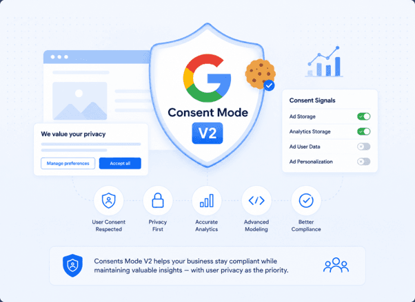Google Consent Mode v2 shown as a layer between a website's cookie banner and Google's tags, passing the four consent signals analytics_storage, ad_storage, ad_user_data and ad_personalization.