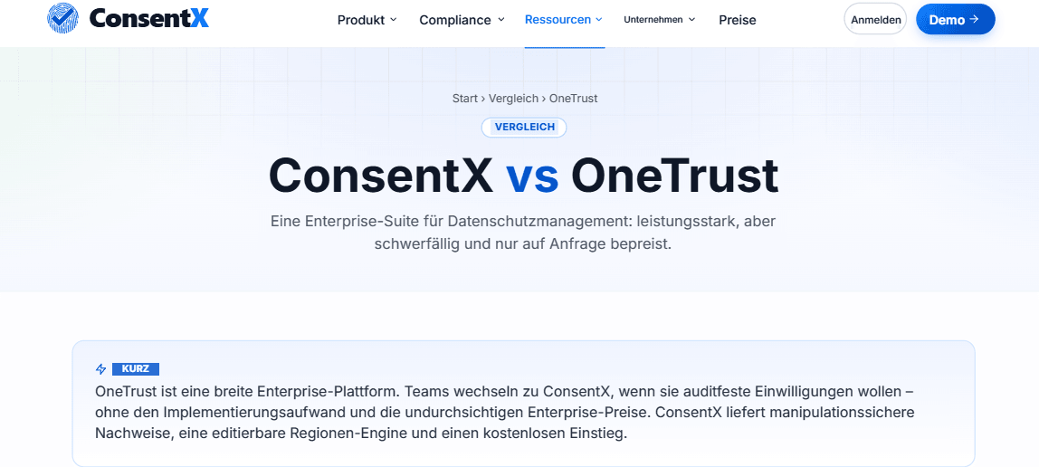 Die Vergleichsseite ConsentX vs OneTrust mit der Kernaussage, dass Teams zu ConsentX wechseln, um prüfungssichere Einwilligung ohne Enterprise-Implementierungsaufwand und undurchsichtige Preise zu erhalten.