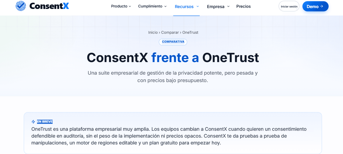 La página de comparación entre ConsentX y OneTrust, que resume por qué los equipos se pasan a ConsentX para lograr un consentimiento defendible en auditoría sin el peso de una implantación empresarial ni precios opacos.