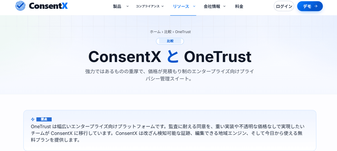 ConsentX と OneTrust の比較ページ。エンタープライズ導入の重さや不透明な価格なしに監査に耐える同意を得るため、各社が ConsentX に乗り換えていることをまとめている。