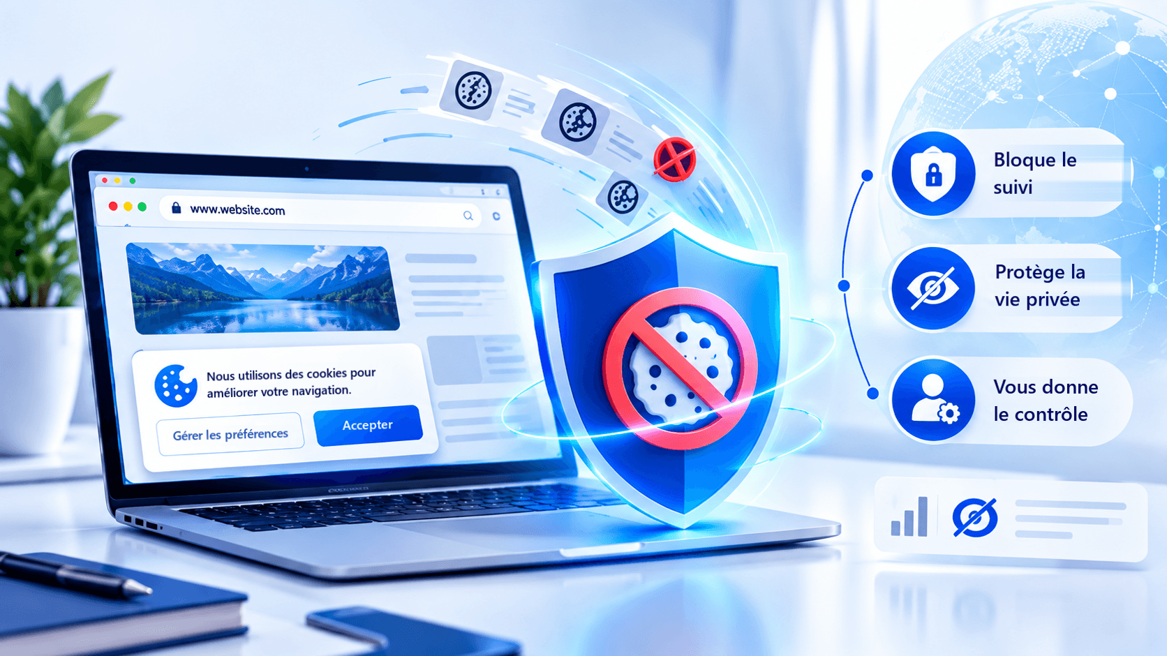 Schéma expliquant comment le blocage des cookies empêche les cookies non essentiels de s'exécuter avant le consentement de l'utilisateur.