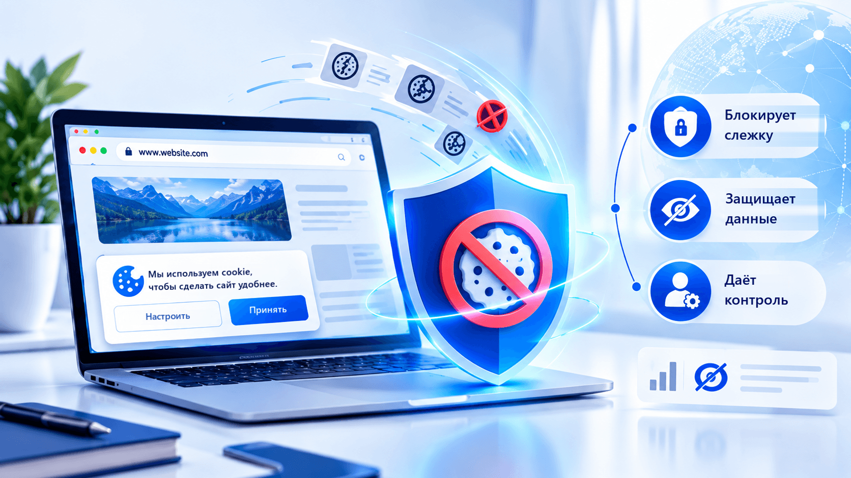 Схема, показывающая, как блокировка cookie не даёт неосновным cookie срабатывать до получения согласия пользователя.