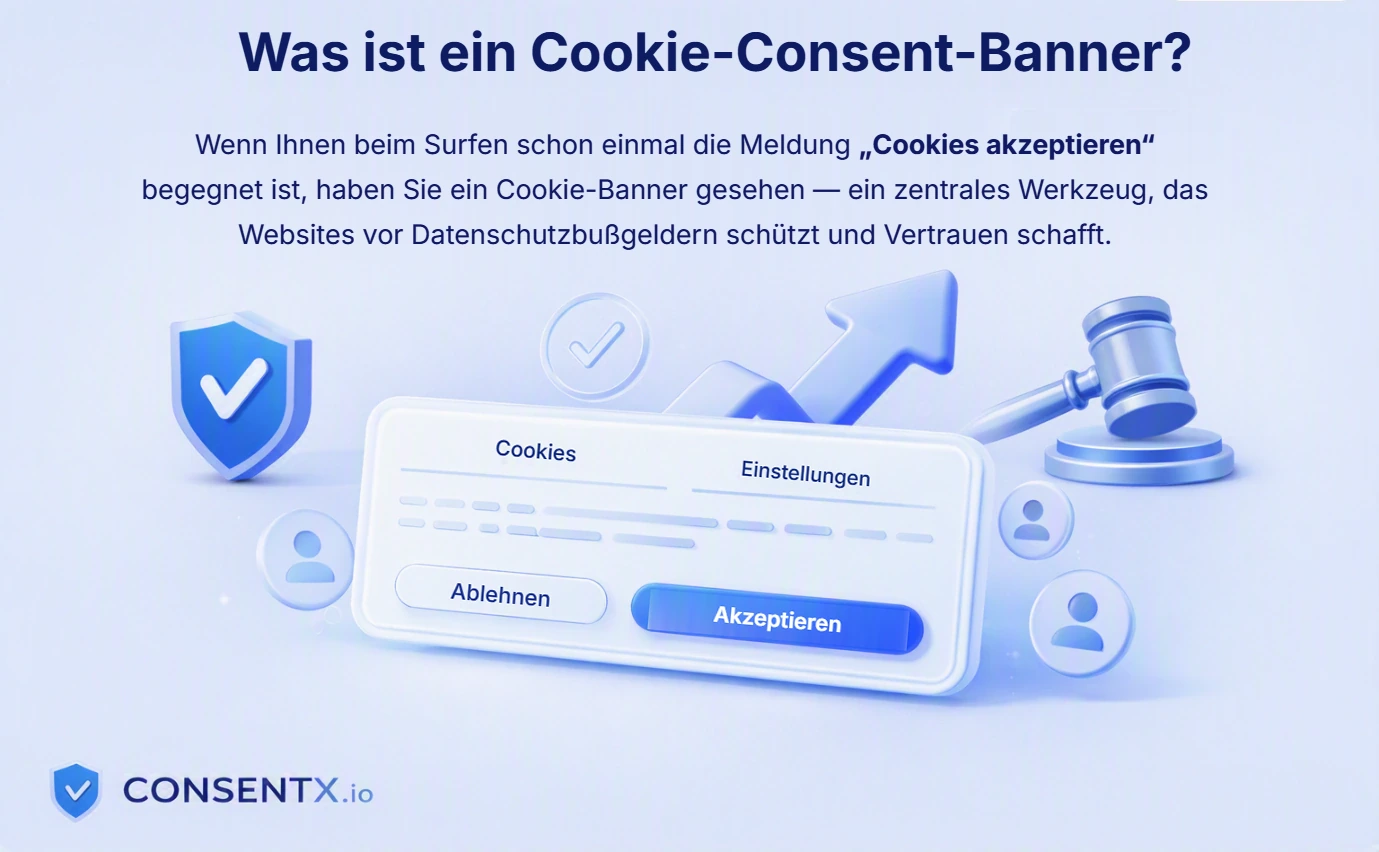 Ein Cookie-Einwilligungsbanner erklärt: der Hinweis, den eine Website zeigt, bevor nicht essenzielle Cookies laden, mit Optionen zum Annehmen, Ablehnen oder Verwalten der Cookie-Einstellungen.