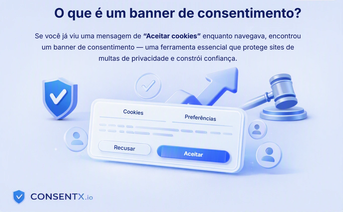 Um banner de consentimento de cookies explicado: o aviso que um site exibe antes de os cookies não essenciais carregarem, com opções para aceitar, recusar ou gerenciar as preferências de cookies.
