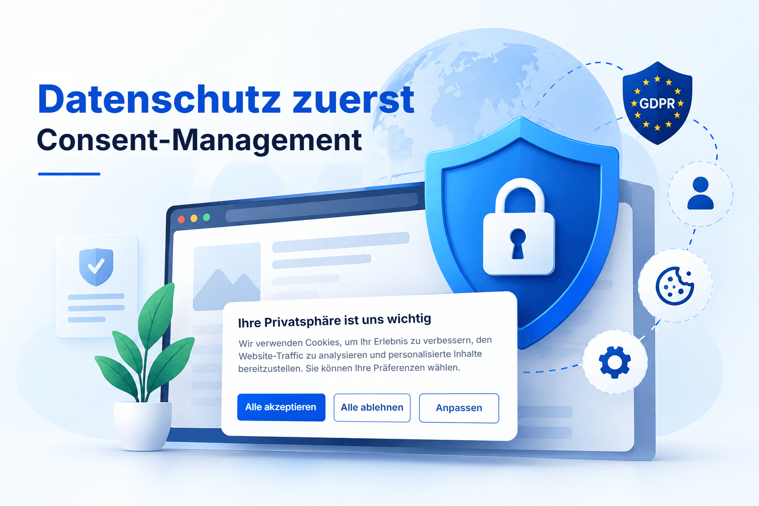 Datenschutzorientiertes Consent-Management: ein Cookie-Banner einer Website mit den Optionen „Alle akzeptieren“, „Alle ablehnen“ und „Anpassen“, geschützt durch ein Schild und ein DSGVO-Abzeichen