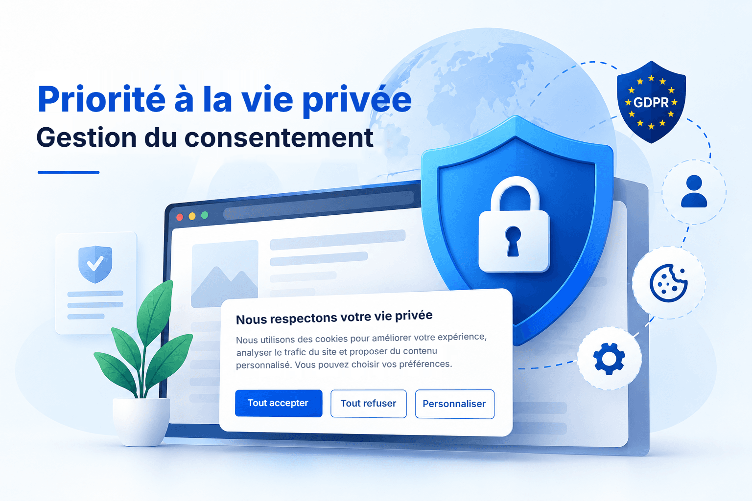 Gestion du consentement centrée sur la confidentialité : une bannière de cookies de site web avec les options Tout accepter, Tout refuser et Personnaliser, protégée par un bouclier et un badge RGPD