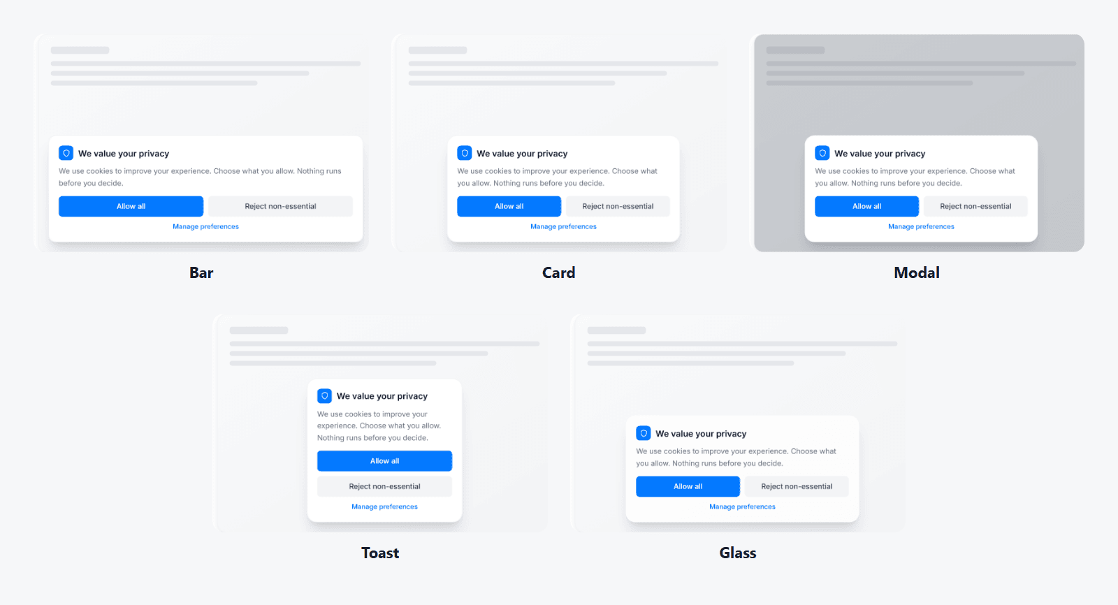 Cookie consent banner layouts: bar, card, modal, toast and glass.