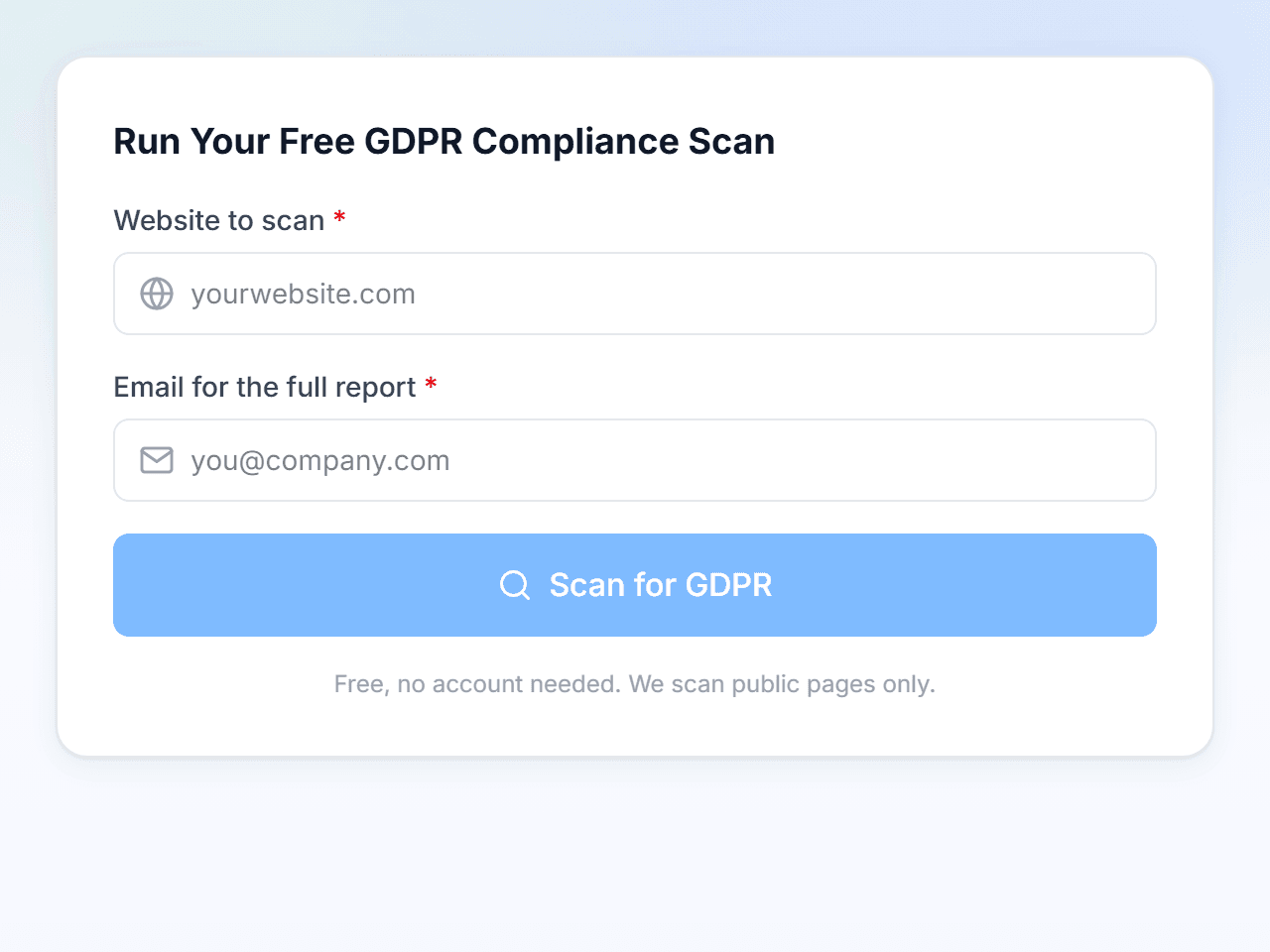 Enter website URL and email in the GDPR scanner form