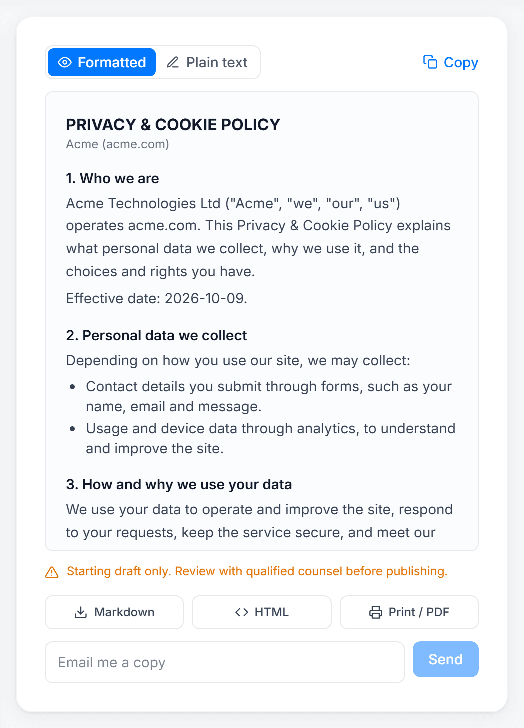 Sample privacy policy generated by ConsentX free policy generator