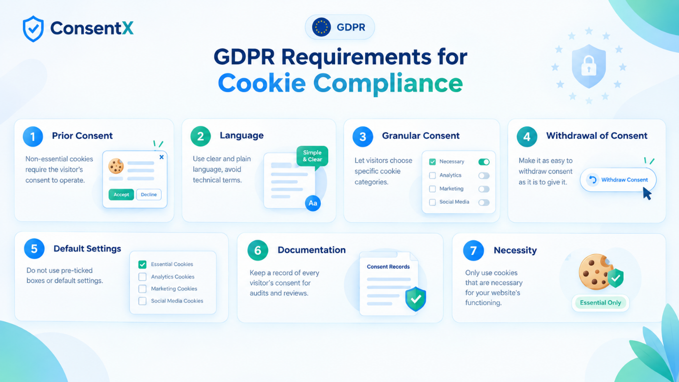 Les sept exigences du GDPR en matière de conformité des cookies : consentement préalable, langage clair et simple, consentement granulaire, retrait du consentement, aucun réglage par défaut précoché, documentation de chaque consentement et nécessité.