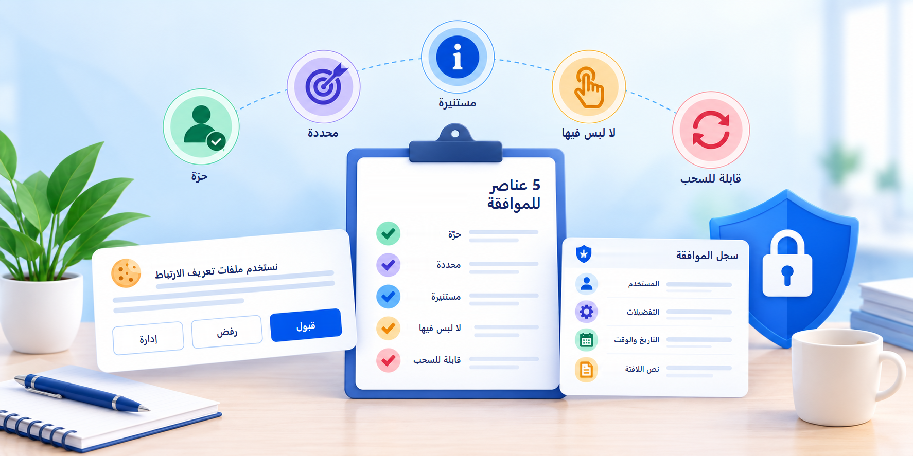 العناصر الخمسة للموافقة: أن تكون حرّة ومحددة ومستنيرة ولا لبس فيها وقابلة للسحب، إلى جانب لافتة ملفات تعريف الارتباط وسجل الموافقة.