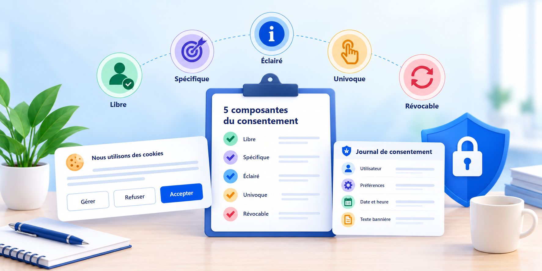 Les cinq composantes du consentement : libre, spécifique, éclairé, univoque et révocable, illustrées avec une bannière de cookies et un journal de consentement.