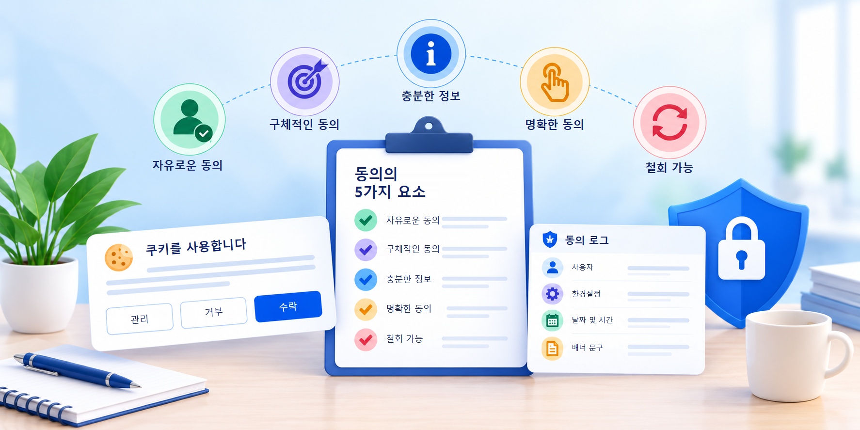 동의의 5가지 요소인 자유로운 동의, 구체적인 동의, 충분한 정보에 근거한 동의, 명확한 동의, 철회 가능한 동의를 쿠키 배너 및 동의 로그와 함께 보여 주는 그림.