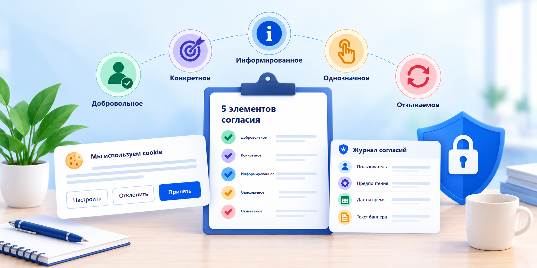 Пять элементов согласия: добровольное, конкретное, информированное, однозначное и отзываемое — вместе с cookie-баннером и журналом согласий.