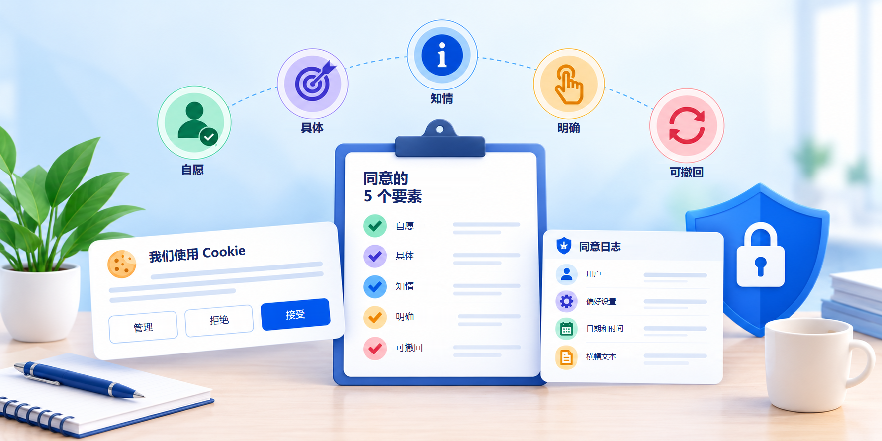 同意的五个要素:自愿、具体、知情、明确和可撤回,并配有 Cookie 横幅和同意日志。