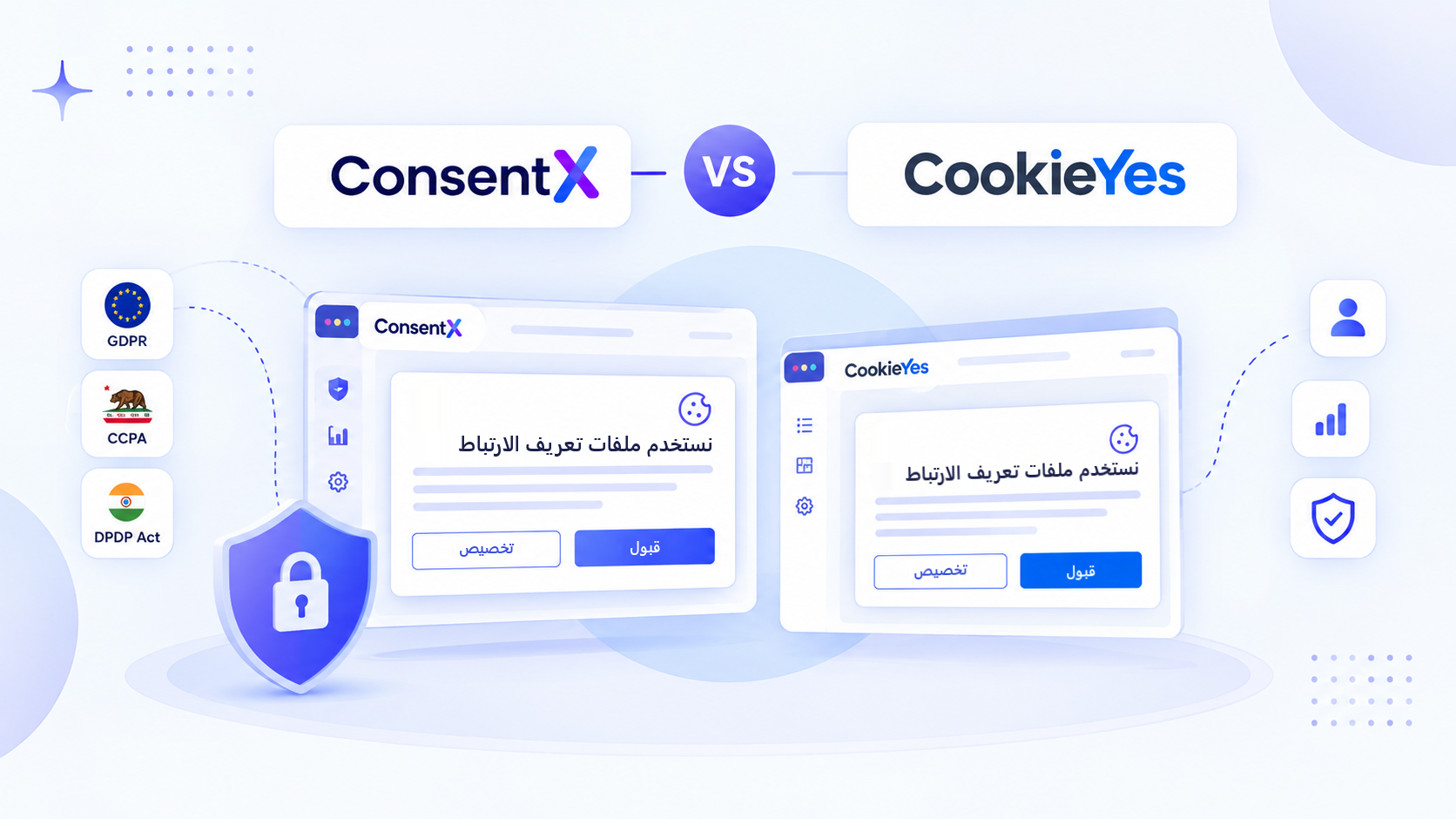 ‏ConsentX مقابل CookieYes: منصتا إدارة الموافقة جنبًا إلى جنب، وتعرض كل منهما لافتة «نستخدم ملفات تعريف الارتباط» مع زرّي «تخصيص» و«قبول»، إلى جانب شارات GDPR وCCPA وDPDP Act.
