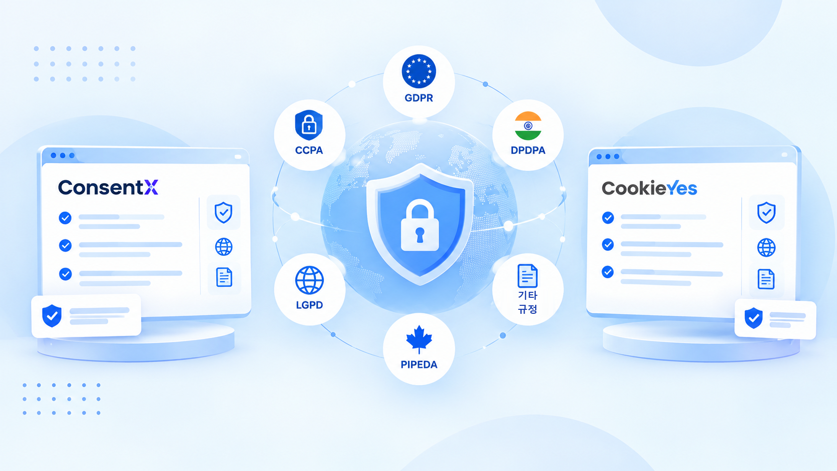 ConsentX와 CookieYes의 개인정보 보호 규정 대응 범위: ConsentX와 CookieYes 대시보드 사이에 지구본과 자물쇠 방패가 있고, 그 주위를 GDPR, CCPA, DPDPA, LGPD, PIPEDA, 기타 규정이 둘러싼 그림.