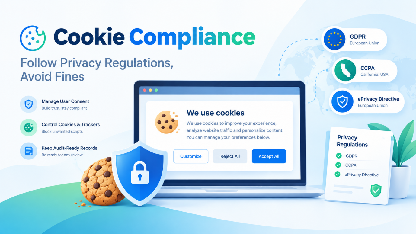 Vue d'ensemble de la conformité des cookies : respecter les réglementations sur la vie privée et éviter les amendes, avec un ordinateur portable affichant une bannière "We use cookies" proposant Customize, Reject All et Accept All, à côté du GDPR dans l'Union européenne, de la CCPA en Californie et de l'ePrivacy Directive.