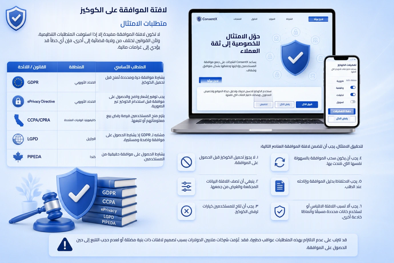 متطلبات امتثال لافتة ملفات تعريف الارتباط بحسب القانون: GDPR وتوجيه ePrivacy في الاتحاد الأوروبي، وCCPA وCPRA في كاليفورنيا، وLGPD في البرازيل، وPIPEDA في كندا.