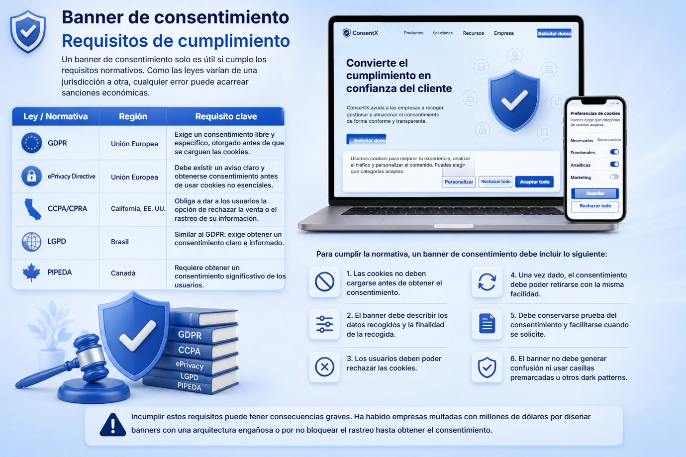 Requisitos de cumplimiento de los banners de cookies por ley: el GDPR y la ePrivacy Directive en la Unión Europea, la CCPA y la CPRA en California, la LGPD en Brasil y la PIPEDA en Canadá.
