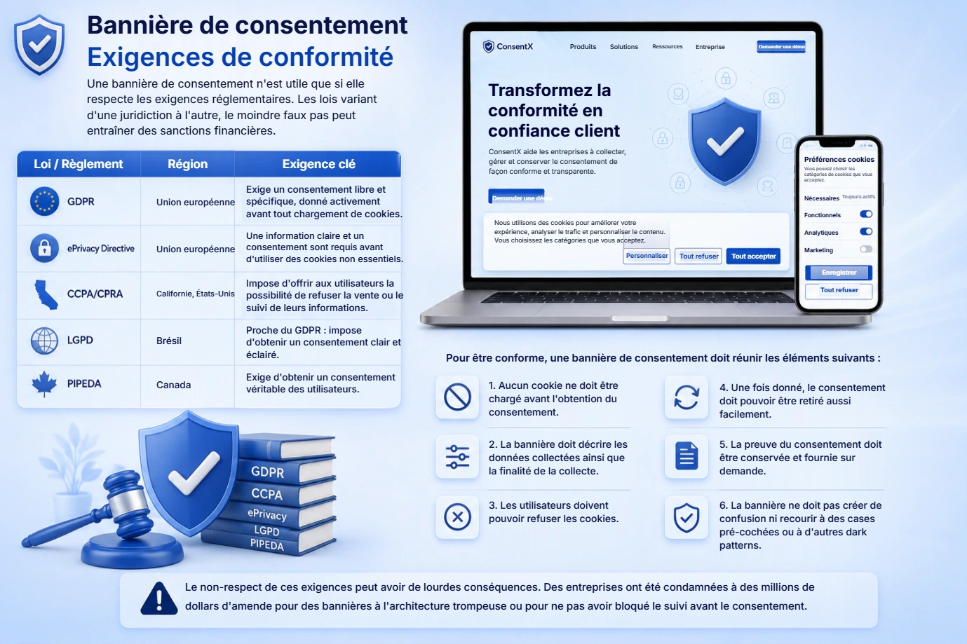 Les exigences de conformité des bannières cookies selon la loi : GDPR et ePrivacy Directive dans l’Union européenne, CCPA et CPRA en Californie, LGPD au Brésil et PIPEDA au Canada.