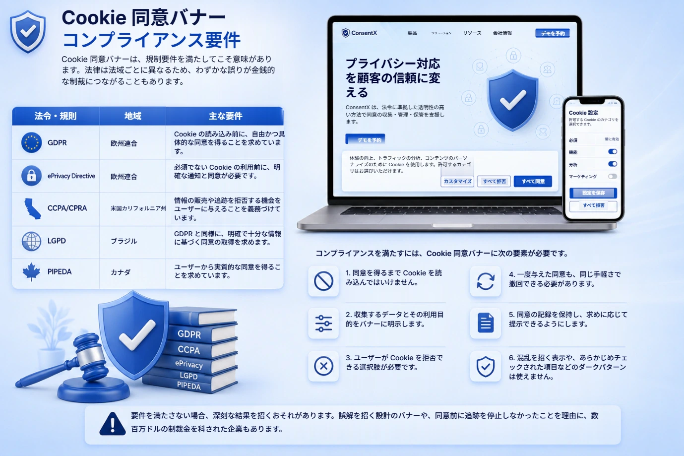 法律ごとの Cookie バナーの準拠要件。欧州連合の GDPR と ePrivacy Directive、カリフォルニア州の CCPA と CPRA、ブラジルの LGPD、カナダの PIPEDA。