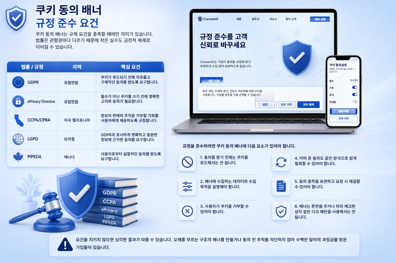 법률별 쿠키 배너 컴플라이언스 요건: 유럽연합의 GDPR과 ePrivacy Directive, 미국 캘리포니아의 CCPA와 CPRA, 브라질의 LGPD, 캐나다의 PIPEDA.