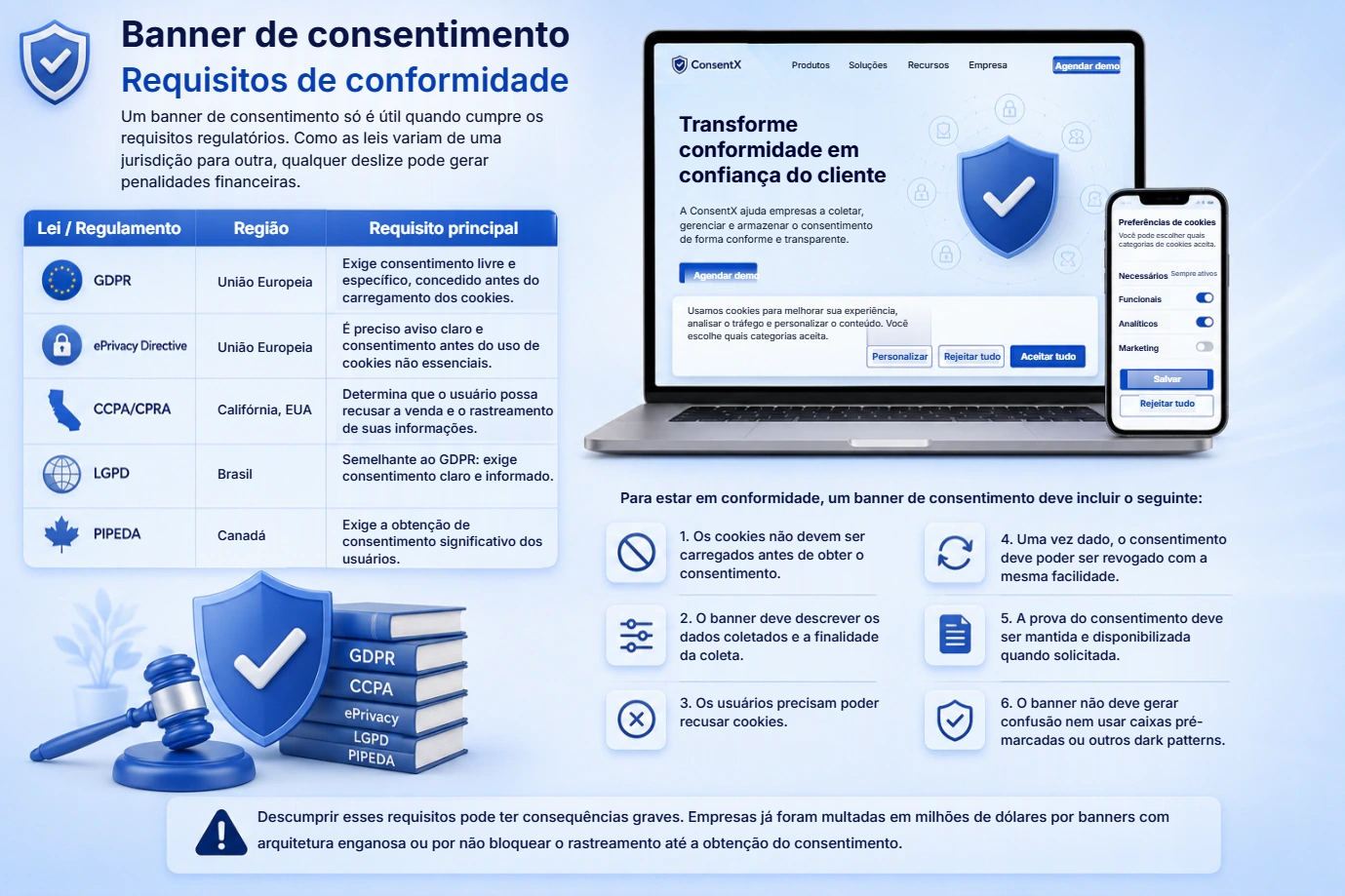 Requisitos de conformidade do banner de cookies por lei: GDPR e a ePrivacy Directive na União Europeia, CCPA e CPRA na Califórnia, LGPD no Brasil e PIPEDA no Canadá.