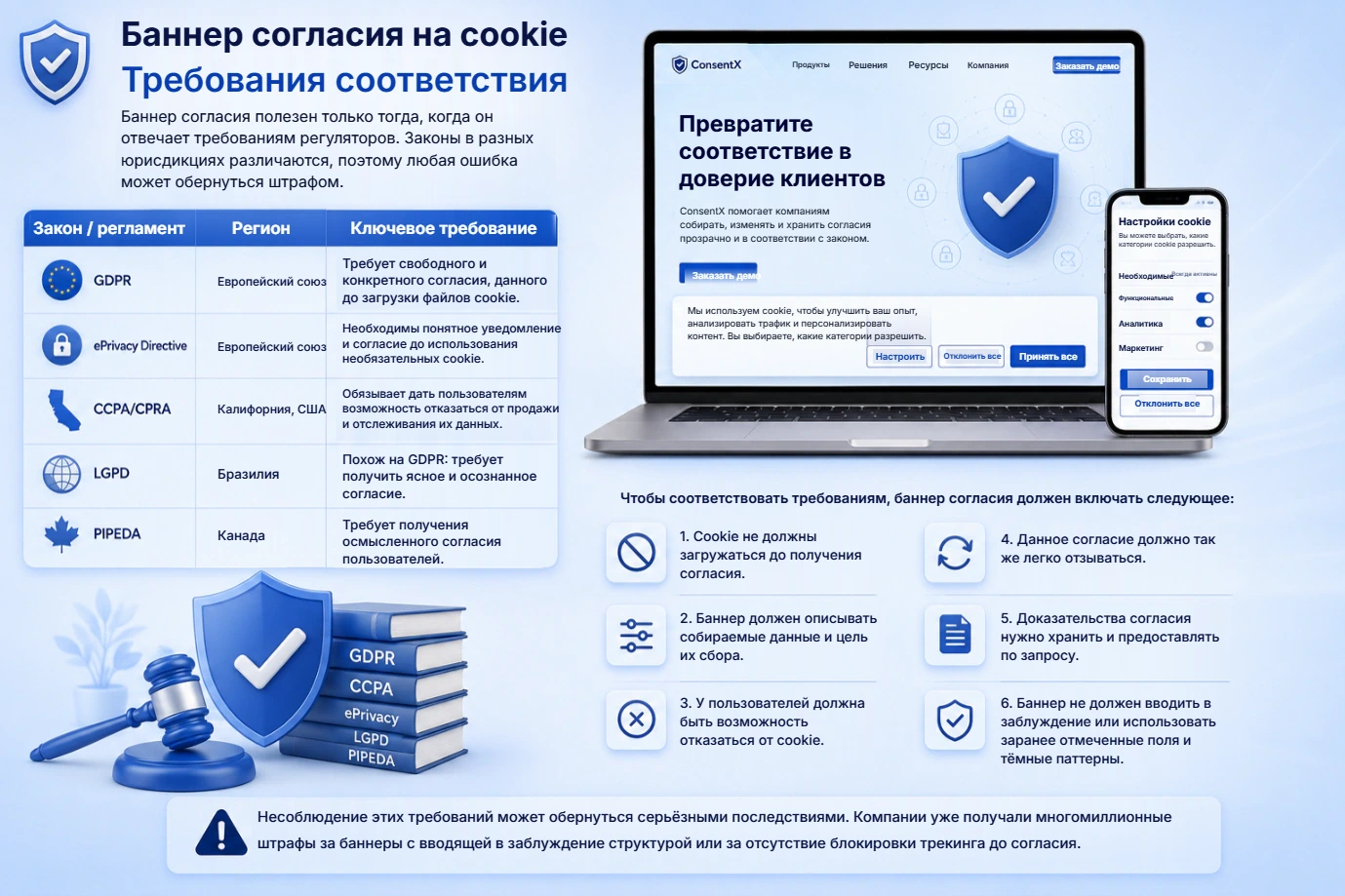 Требования к соответствию баннера cookie по законам: GDPR и ePrivacy Directive в Европейском союзе, CCPA и CPRA в Калифорнии, LGPD в Бразилии и PIPEDA в Канаде.