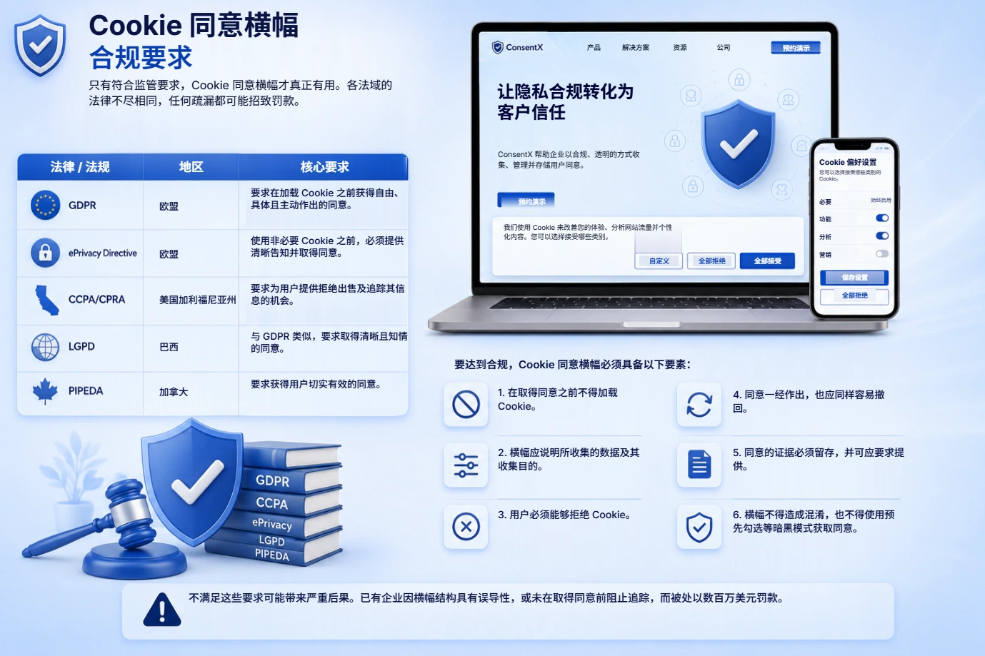 按法律划分的 Cookie 横幅合规要求:欧盟的 GDPR 与 ePrivacy 指令、加州的 CCPA 与 CPRA、巴西的 LGPD,以及加拿大的 PIPEDA。