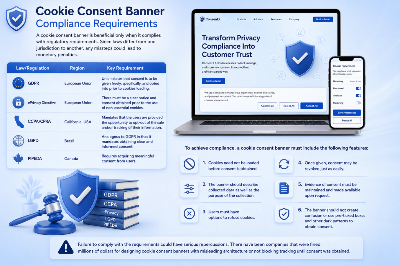 Cookie banner compliance requirements by law: GDPR and the ePrivacy Directive in the European Union, CCPA and CPRA in California, LGPD in Brazil and PIPEDA in Canada.