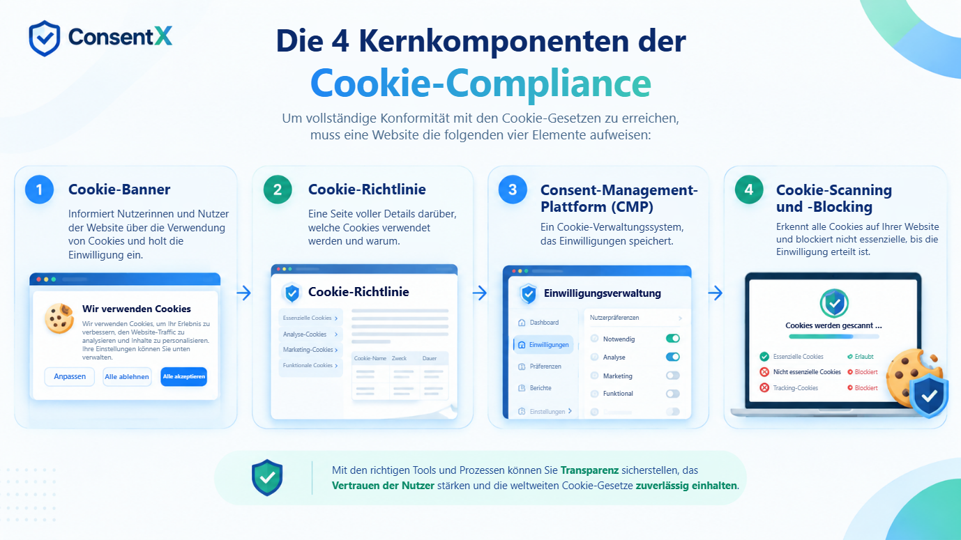 Die vier Kernkomponenten der Cookie-Compliance: ein Cookie-Banner, das Nutzerinnen und Nutzer informiert und die Einwilligung einholt, eine Cookie-Richtlinie mit Angaben dazu, welche Cookies wofür verwendet werden, eine Consent-Management-Plattform, die Einwilligungen speichert, sowie Cookie-Scanning und -Blocking, das Cookies erkennt und nicht essenzielle bis zur Einwilligung blockiert.