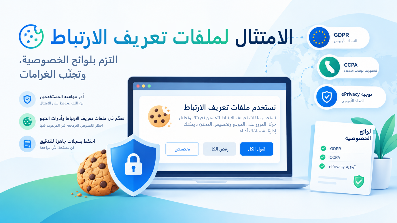 نظرة عامة على الامتثال لملفات تعريف الارتباط: اتّباع لوائح الخصوصية وتجنّب الغرامات، مع حاسوب محمول يعرض لافتة "نستخدم ملفات تعريف الارتباط" تتيح خيارات "تخصيص" و"رفض الكل" و"قبول الكل"، وبجانبها GDPR في الاتحاد الأوروبي وCCPA في كاليفورنيا وتوجيه ePrivacy.