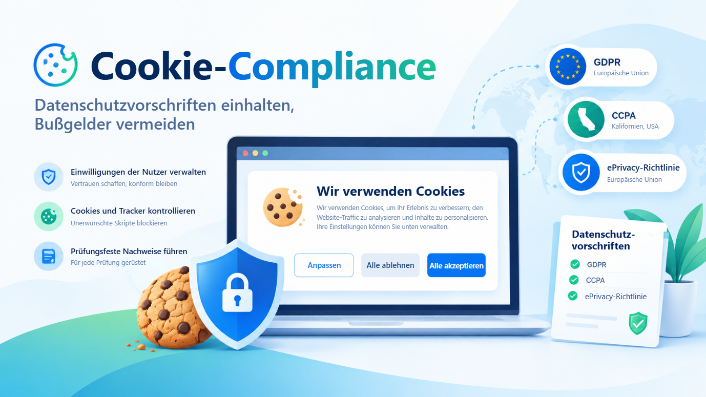 Überblick zur Cookie-Compliance: Datenschutzvorschriften einhalten und Bußgelder vermeiden, mit einem Laptop, der ein Banner "Wir verwenden Cookies" mit den Optionen Anpassen, Alle ablehnen und Alle akzeptieren zeigt, daneben GDPR in der Europäischen Union, CCPA in Kalifornien und die ePrivacy-Richtlinie.