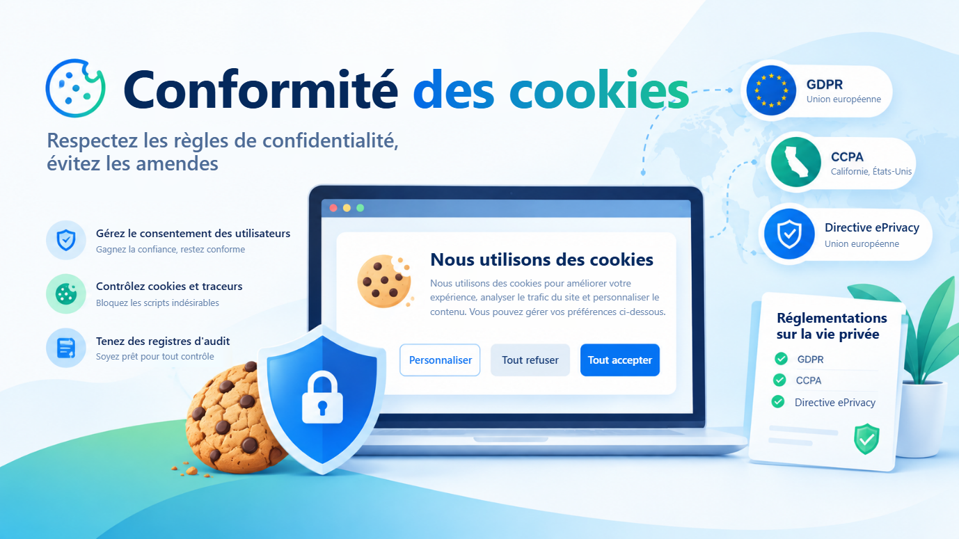 Vue d'ensemble de la conformité des cookies : respecter les réglementations sur la vie privée et éviter les amendes, avec un ordinateur portable affichant une bannière "Nous utilisons des cookies" proposant Personnaliser, Tout refuser et Tout accepter, à côté du GDPR dans l'Union européenne, de la CCPA en Californie et de la directive ePrivacy.
