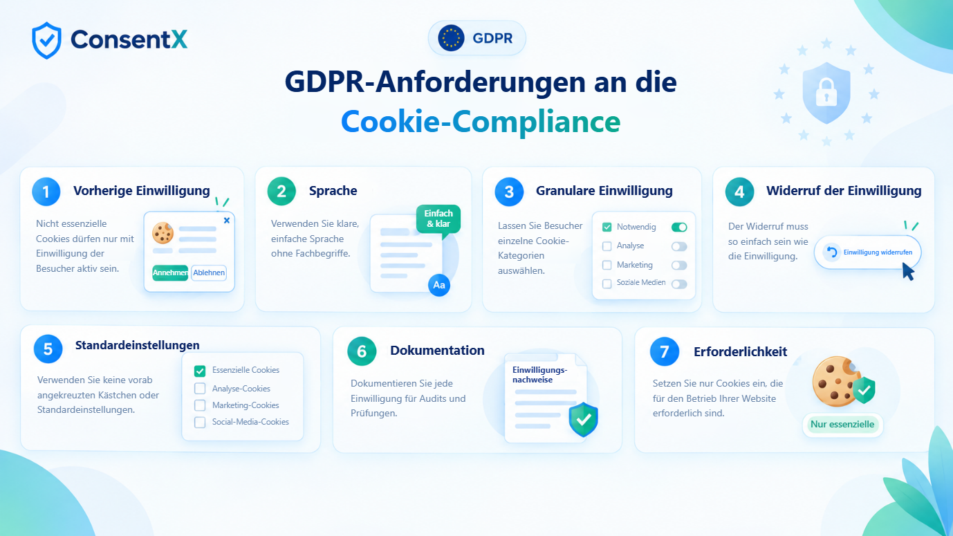 Die sieben GDPR-Anforderungen an die Cookie-Compliance: vorherige Einwilligung, klare und einfache Sprache, granulare Einwilligung, Widerruf der Einwilligung, keine vorangekreuzten Standardeinstellungen, Dokumentation jeder Einwilligung und Erforderlichkeit.