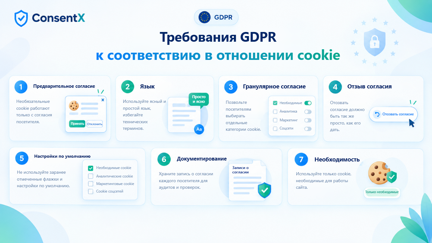 Семь требований GDPR к соответствию в отношении cookie: предварительное согласие, ясный и простой язык, гранулярное согласие, отзыв согласия, отсутствие заранее отмеченных настроек по умолчанию, документирование каждого согласия и необходимость.