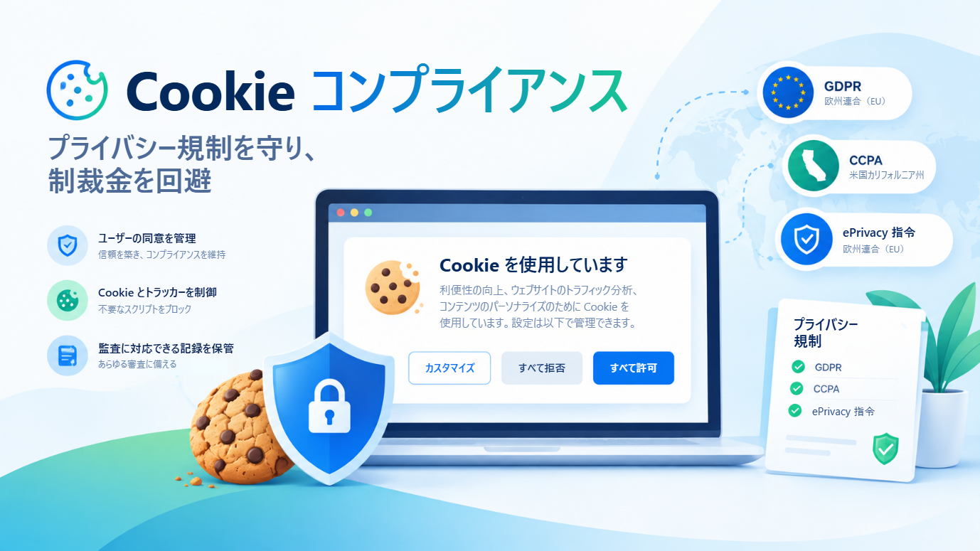Cookie コンプライアンスの全体像。プライバシー規制を守り制裁金を避けること。ノートパソコンに「Cookie を使用しています」バナーが表示され、「カスタマイズ」「すべて拒否」「すべて許可」の選択肢が並び、その横に欧州連合の GDPR、カリフォルニア州の CCPA、ePrivacy 指令が示されている。