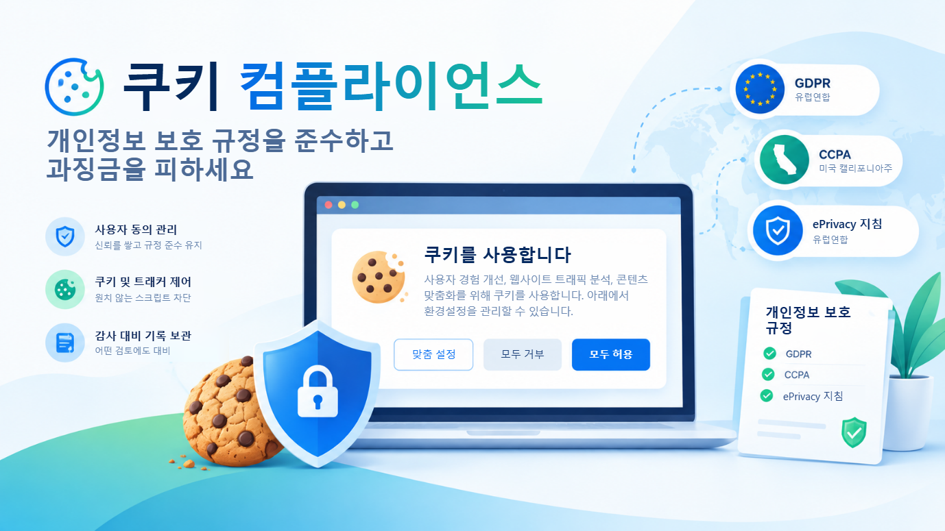 쿠키 컴플라이언스 개요: 개인정보 보호 규정을 준수하고 과징금을 피하기. 노트북에 "쿠키를 사용합니다" 배너가 표시되어 맞춤 설정, 모두 거부, 모두 허용 선택지가 놓여 있고, 그 옆에 유럽연합의 GDPR, 캘리포니아의 CCPA, ePrivacy 지침이 제시되어 있습니다.