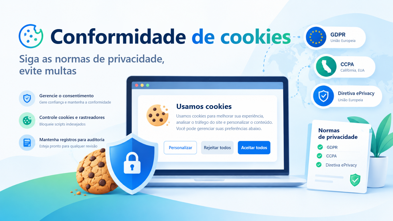 Visão geral da conformidade de cookies: seguir as regulamentações de privacidade e evitar multas, com um notebook exibindo um banner "Usamos cookies" com as opções Personalizar, Rejeitar todos e Aceitar todos, ao lado do GDPR na União Europeia, da CCPA na Califórnia e da Diretiva ePrivacy.