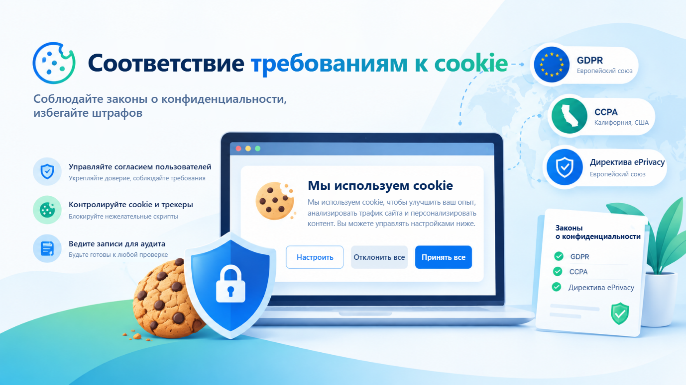 Обзор соответствия требованиям к cookie: соблюдать нормы о конфиденциальности и избегать штрафов; ноутбук с баннером "Мы используем cookie" и кнопками "Настроить", "Отклонить все" и "Принять все", рядом GDPR в Европейском союзе, CCPA в Калифорнии и директива ePrivacy.