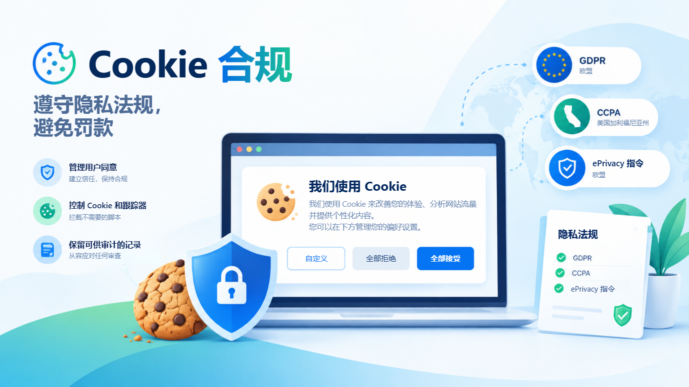 Cookie 合规概览:遵守隐私法规、避免罚款。笔记本电脑上显示"我们使用 Cookie"横幅,提供"自定义"、"全部拒绝"和"全部接受"选项,旁边是欧盟的 GDPR、美国加州的 CCPA 以及 ePrivacy 指令。