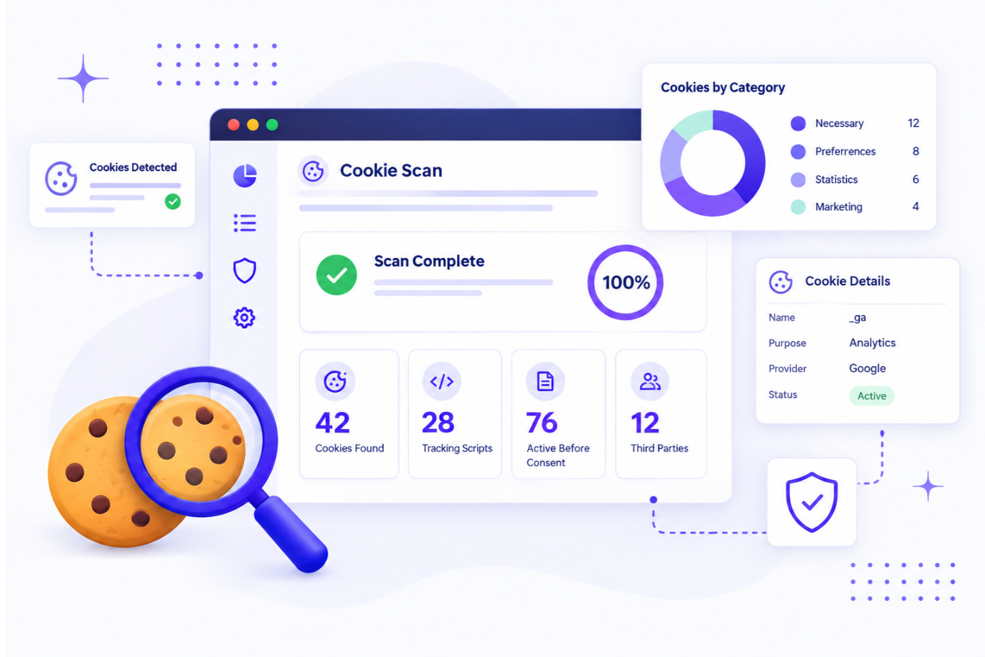 Cookie-Scan-Dashboard: ein zu 100 % abgeschlossener Scan mit 42 gefundenen Cookies, 28 Tracking-Skripten, 76 vor der Einwilligung aktiven Elementen und 12 Drittparteien, daneben ein Ringdiagramm "Cookies by Category" mit 12 notwendigen, 8 Präferenz-, 6 Statistik- und 4 Marketing-Cookies sowie eine Detailkarte zum Analyse-Cookie _ga von Google, das als aktiv ausgewiesen ist.