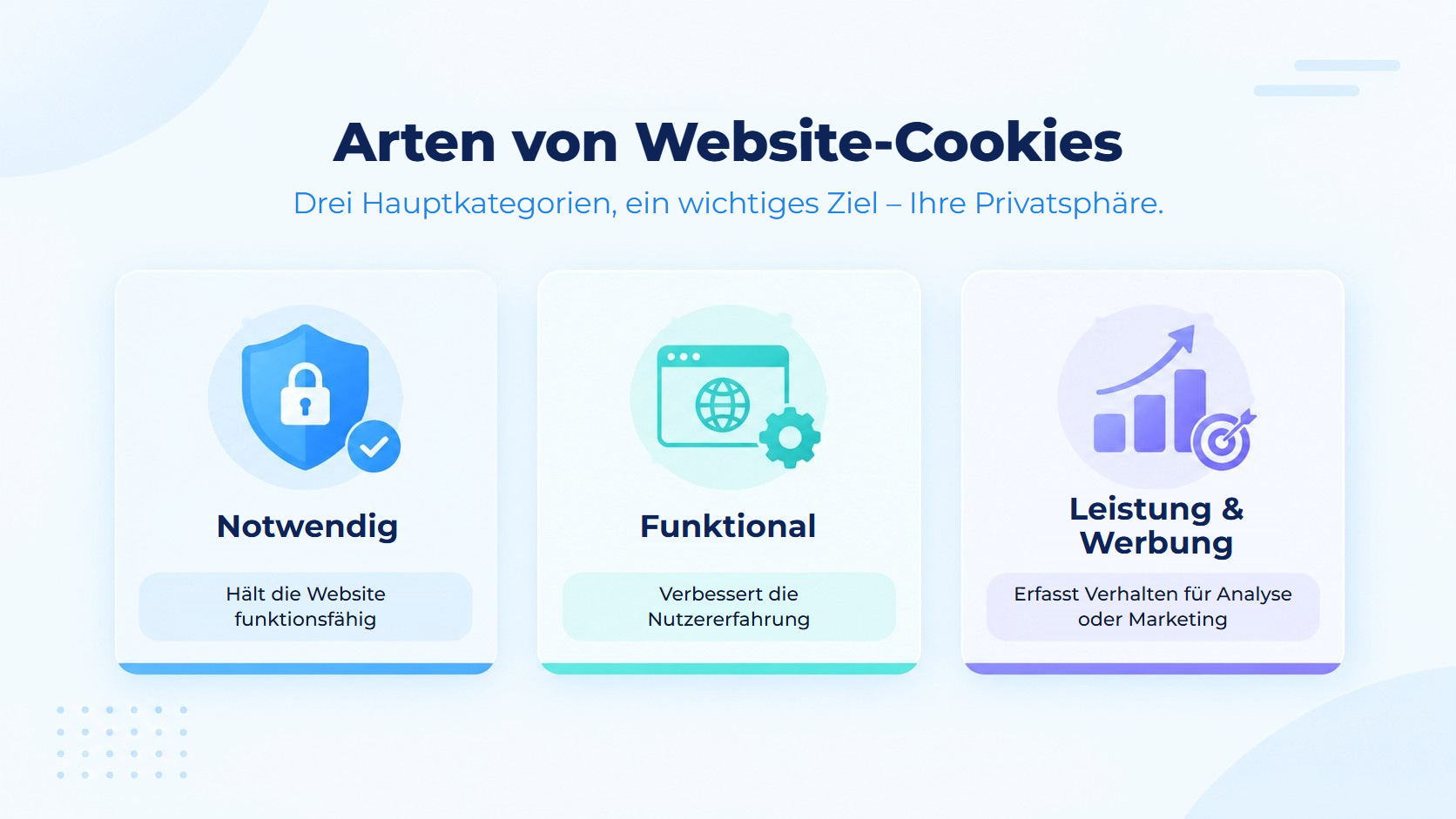 Arten von Website-Cookies: Notwendige Cookies halten die Website funktionsfähig, funktionale Cookies verbessern die Nutzererfahrung, und Leistungs- und Werbe-Cookies verfolgen das Verhalten für Analysen oder Marketing.