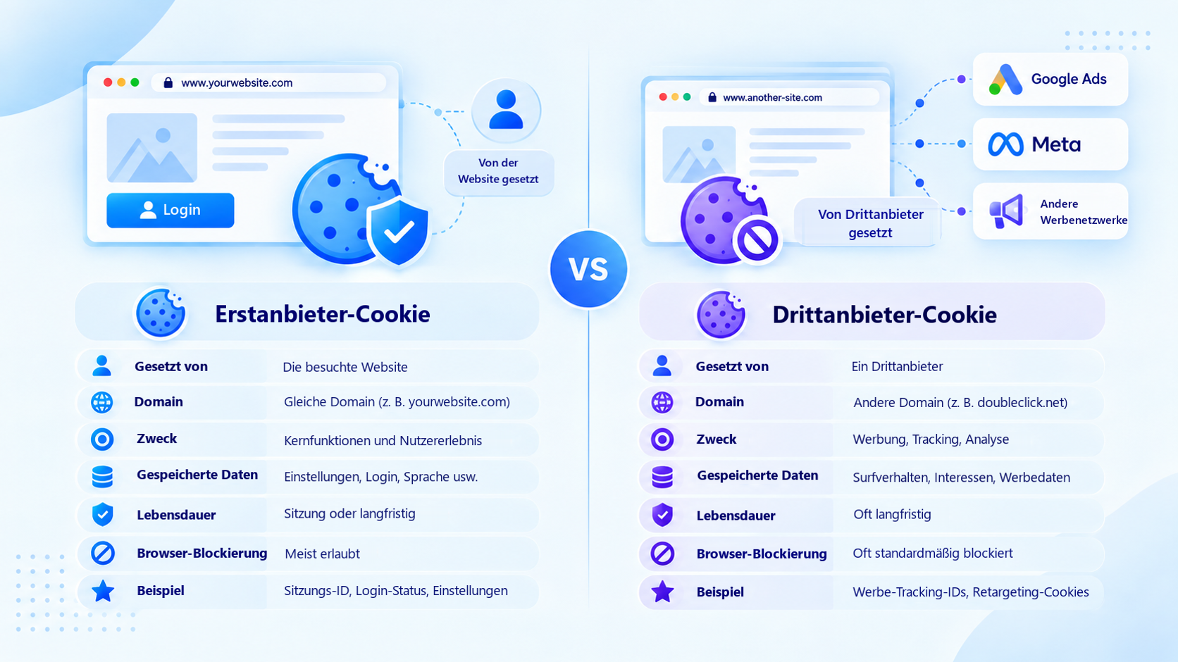 Vergleich von Erstanbieter- und Drittanbieter-Cookies: wer sie setzt und wofür sie verwendet werden.