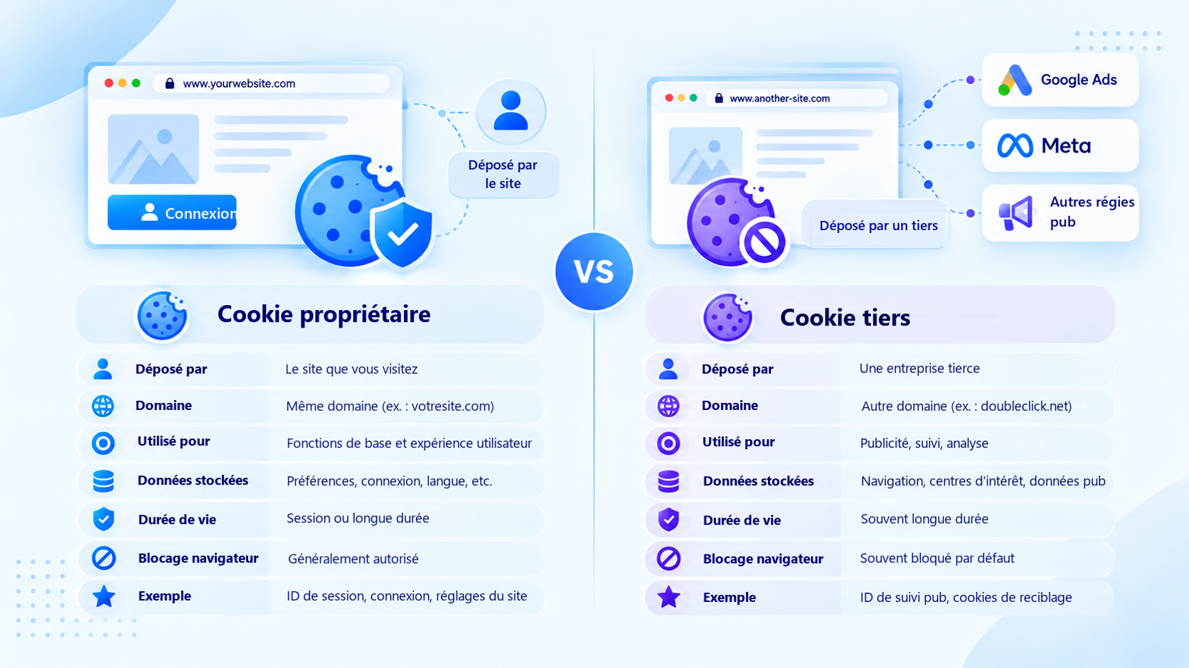Comparaison des cookies propriétaires et des cookies tiers, notamment qui les dépose et à quoi ils servent.