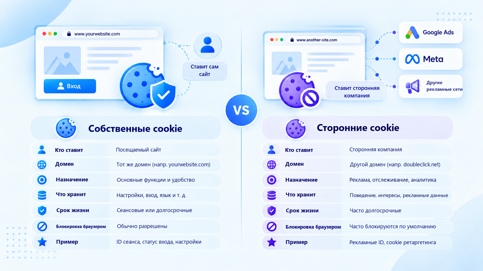 Сравнение собственных и сторонних cookie: кто их устанавливает и как они используются.