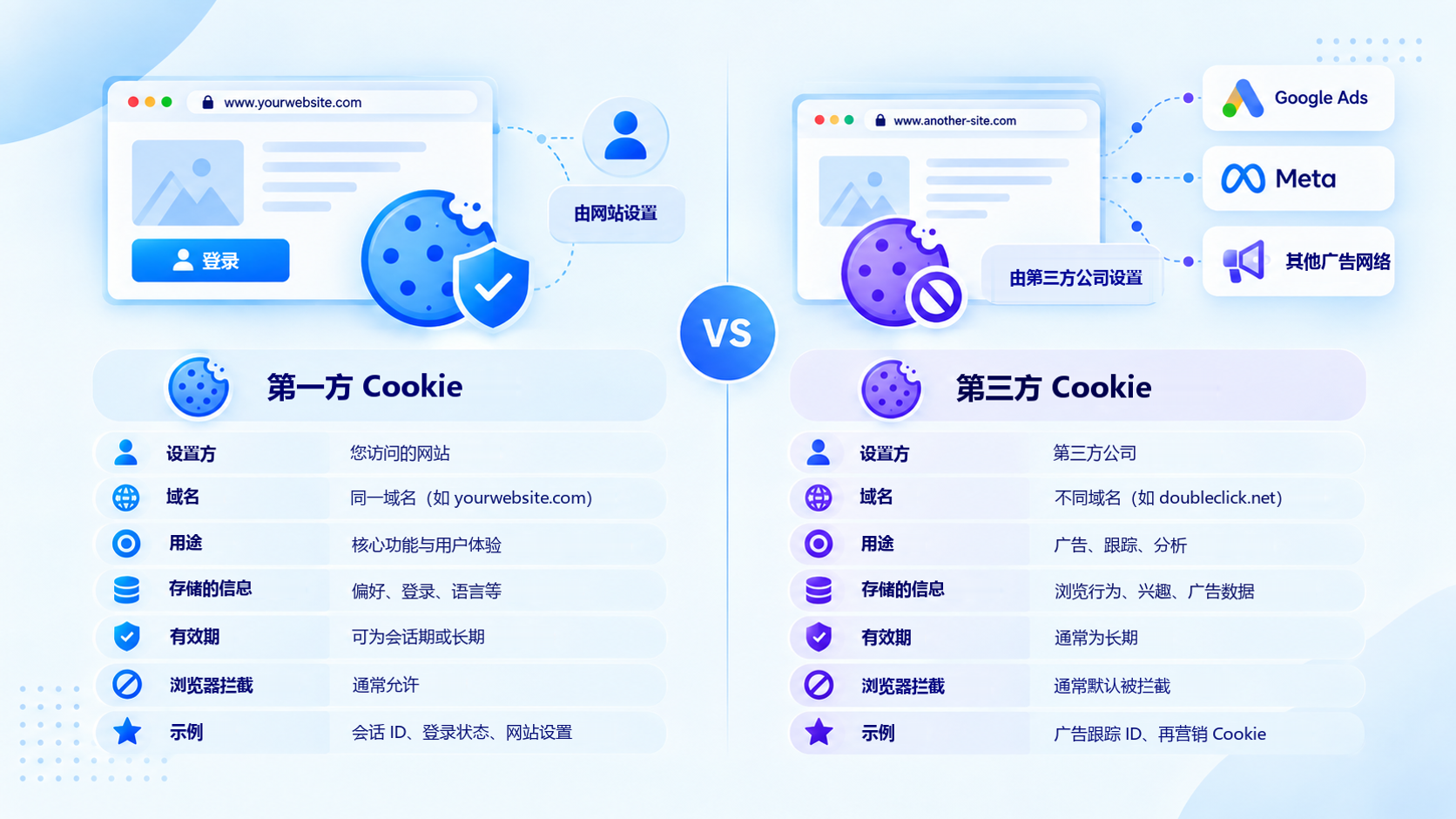 第一方 Cookie 与第三方 Cookie 的对比,包括由谁设置以及如何使用。