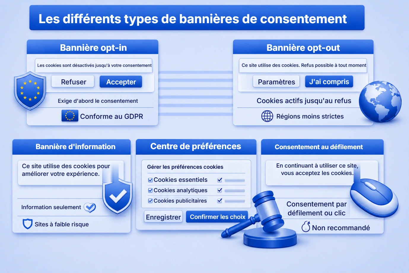 Les différents types de bannières de consentement aux cookies : opt-in, opt-out, information seule, centre de préférences et consentement par défilement ou par clic.